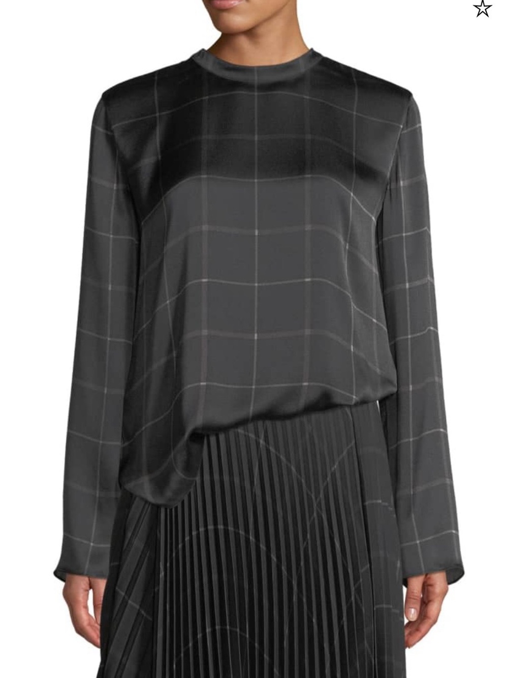 Vince Draped Plaid Tie-Back Silk Blouse in Black